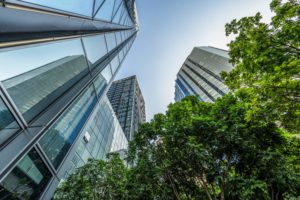 modern office building with green trees